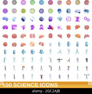 100 science icons set. Cartoon illustration of 100 science icons vector set isolated on white background Stock Vector