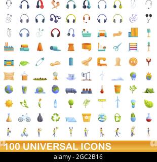 100 universal icons set. Cartoon illustration of 100 universal icons vector set isolated on white background Stock Vector