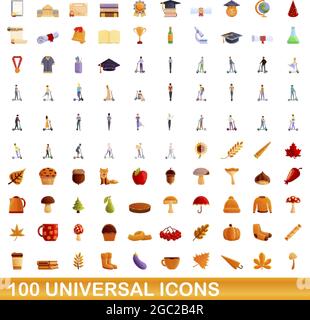 100 universal icons set. Cartoon illustration of 100 universal icons vector set isolated on white background Stock Vector