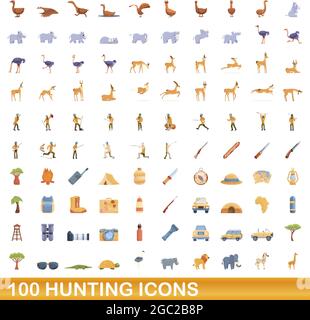 100 hunting icons set. Cartoon illustration of 100 hunting icons vector set isolated on white background Stock Vector