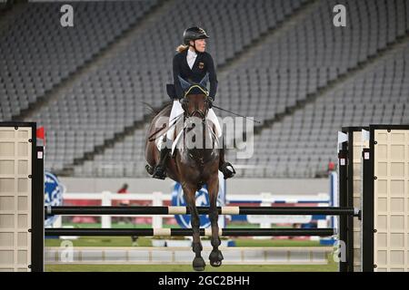 Annika SCHLEU (GER) on the horse SAINT BOY, action, show jumping, Riding Show Jumping, modern women's pentathlon individual, womenÕs individual, modern pentathlon, on August 6th, 2021. Olympic Summer Games 2020, from 23.07. - 08.08.2021 in Tokyo/Japan. Stock Photo