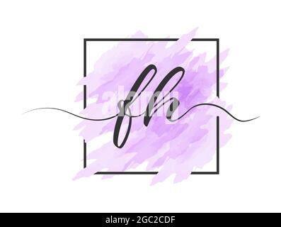 calligraphic lowercase letters F and H are written in a solid line on a colored background in a frame. Simple Style Stock Vector