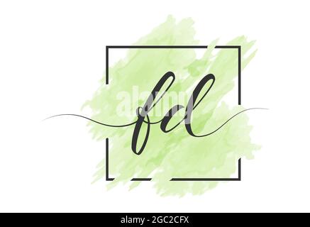 calligraphic lowercase letters F and D are written in a solid line on a colored background in a frame. Simple Style Stock Vector
