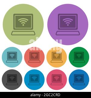 Laptop computer with wireless symbol alternate darker flat icons on color round background Stock Vector