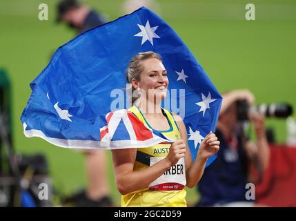 Australia's Kelsey-Lee Barber celebrates a bronze medal following the Women's Javelin Throw Final at the Olympic Stadium on the fourteenth day of the Tokyo 2020 Olympic Games in Japan. Picture date: Friday August 6, 2021. Stock Photo