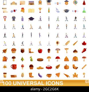 100 universal icons set. Cartoon illustration of 100 universal icons vector set isolated on white background Stock Vector