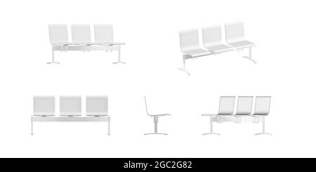 Three seater public seats mockup on white background - 3d render Stock Photo