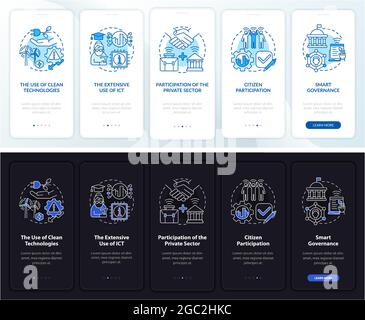 Smart city instruments dark, light onboarding mobile app page screen Stock Vector
