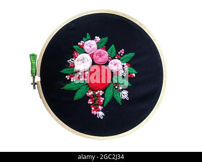 Hand embroidery handicraft design, Local embroidery design, rose flower embroidery with handmade stitch craft, leaf stitch, embroidery leaves Stock Photo