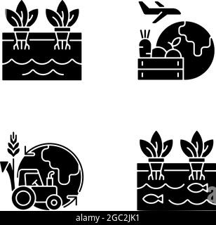 Environmental farming black glyph icons set on white space Stock Vector