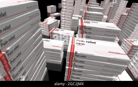 Pain relief tablets box production line. Emergency painkiller, headache analgesic and help medical pills pack factory. Abstract concept 3d rendering i Stock Photo