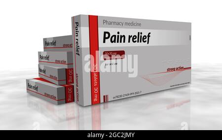 Pain relief tablets box production line. Emergency painkiller, headache analgesic and help medical pills pack factory. Abstract concept 3d rendering i Stock Photo