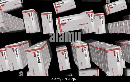 Pain relief tablets box production line. Emergency painkiller, headache analgesic and help medical pills pack factory. Abstract concept 3d rendering i Stock Photo