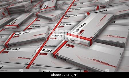 Pain relief tablets box production line. Emergency painkiller, headache analgesic and help medical pills pack factory. Abstract concept 3d rendering i Stock Photo