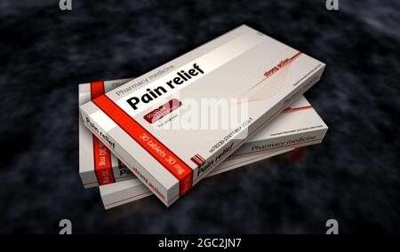 Pain relief tablets box production line. Emergency painkiller, headache analgesic and help medical pills pack factory. Abstract concept 3d rendering i Stock Photo