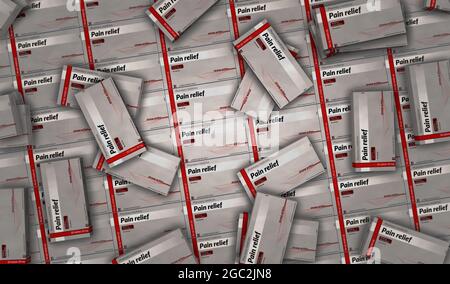 Pain relief tablets box production line. Emergency painkiller, headache analgesic and help medical pills pack factory. Abstract concept 3d rendering i Stock Photo