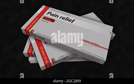 Pain relief tablets box production line. Emergency painkiller, headache analgesic and help medical pills pack factory. Abstract concept 3d rendering i Stock Photo