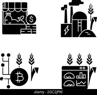 Agricultural innovations black glyph icons set on white space Stock Vector
