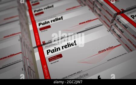 Pain relief tablets box production line. Emergency painkiller, headache analgesic and help medical pills pack factory. Abstract concept 3d rendering i Stock Photo