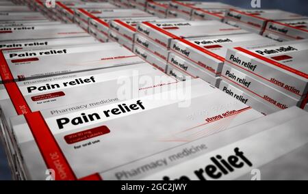 Pain relief tablets box production line. Emergency painkiller, headache analgesic and help medical pills pack factory. Abstract concept 3d rendering i Stock Photo