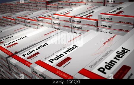 Pain relief tablets box production line. Emergency painkiller, headache analgesic and help medical pills pack factory. Abstract concept 3d rendering i Stock Photo