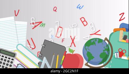 Multiple changing numbers and alphabets moving over spinning globe ...