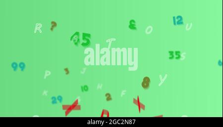 Digital image of multiple changing numbers and alphabets against green background Stock Photo