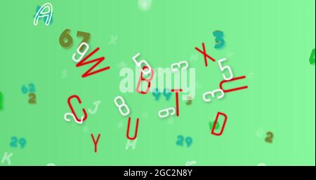 Digital image of multiple changing numbers and alphabets against green background Stock Photo