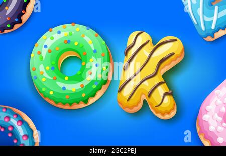 The phrase OK in the form of sweet donuts covered with icing and chocolate, vector illustration Stock Vector