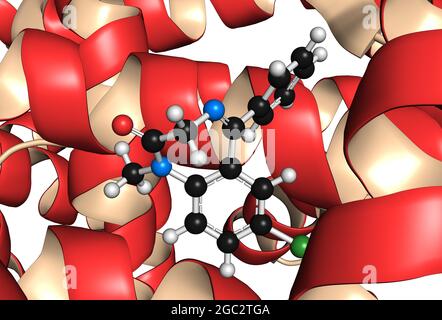 Diazepam drug molecule bound to human serum albumin protein, 3D Stock Photo