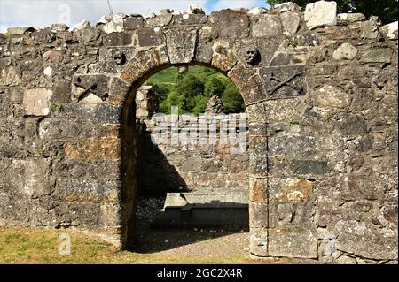 An external view of the ruins of a rural priory building in the village of Ardchattan on the shore of Loch Etive in the western highlands of Scotland. Stock Photo