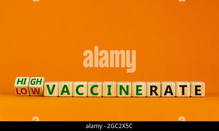 High or low vaccine rate symbol. Turned wooden cubes, changed words 'low vaccine rate' to 'high vaccine rate'. Beautiful orange background, copy space Stock Photo