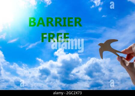 Barrier free symbol. Businessman hand holding wooden bird on cloud blue sky background. Words 'Barrier free'. Sunshine. Business, diversity, inclusion Stock Photo