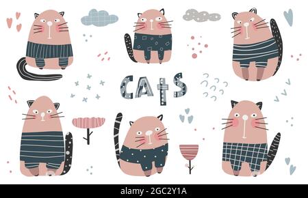 Collection cute cat hand draw vector illustration character Doodle cartoon style. Stock Vector