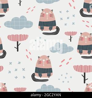 Cute cats pattern - hand drawn childish dinosaur seamless pattern design Stock Vector