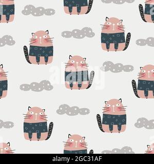 Cute cats pattern - hand drawn childish dinosaur seamless pattern design Stock Vector
