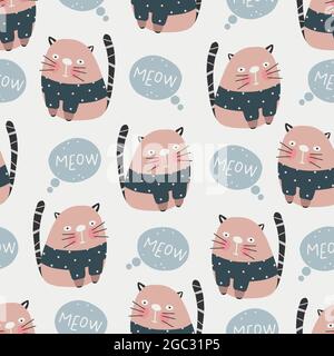 Cute cats pattern - hand drawn childish dinosaur seamless pattern design Stock Vector