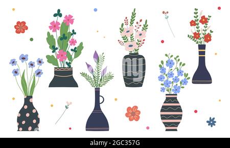 Set of bright spring blooming flowers in vases and bottles isolated on a white background. A bunch of bouquets. Set of decorative floral design elemen Stock Vector