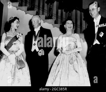 A happy picture as the Queen and Prince Philp pose with President Eisenhower and his wife, prior to the White House State dinner in Washington - 20th October 1957 Stock Photo