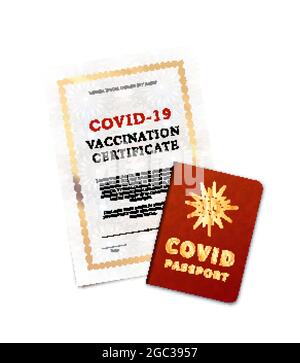 COVID-19 vaccination certificate and passport on white Stock Vector