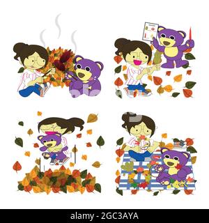 Let's play fun in fall with Mr.Purple bear and his friend(-Clipping path) Stock Photo