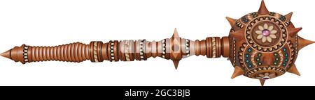 mace made of wood, with ethnic Ukrainian ornament, carving, floral ornament in yellow-blue tones, with a red stone in the center of a carved flower Stock Vector