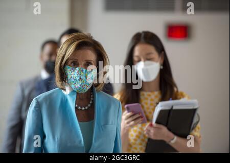 Washington DC, USA. 06th Aug, 2021. Speaker of the House Nancy Pelosi, D-Calif., walks to her weekly press conference at the US Capitol in Washington, DC., on Friday, August 6, 2021. Photo by Bonnie Cash/UPI Credit: UPI/Alamy Live News Stock Photo