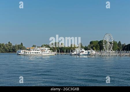 Harbour with Big Wheel, Arona, Lake Maggiore, Piedmont, Italy Stock Photo