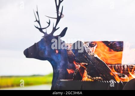 Close up view burning wood on unique animal design grill with sky background Stock Photo