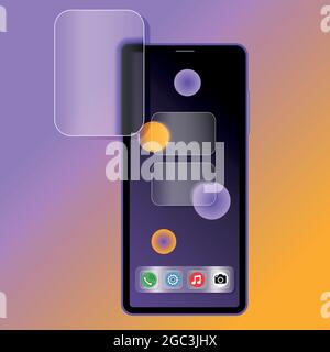 smartphone with different apps, empty buttons and open empty window in glassmorphism style. vector Stock Vector