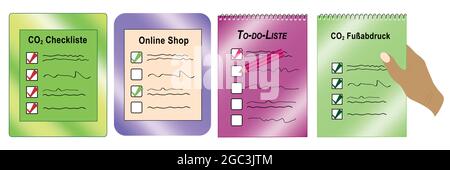Set of different checklists. CO2 checklist, CO2 footprint, to-do list, online shopping. vector file Stock Vector