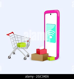 E-commerce shopping cart concepts, mobile gadgets, such as tablets and smartphones, for online shopping and ordering goods. Stock Vector