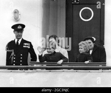 Prince Charles and Princess Anne today boarded the Royal yacht Britannia at Portsmouth . They are sailing to Tobruk to join their parents HM The Queen and the Duke of Edinburgh 14 April 1954 . Stock Photo