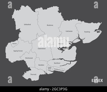 The Essex county map divided in districts with labels, England Stock Vector